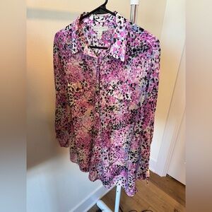 Dana Buchman sheer blouse with front pockets Button up front size XL